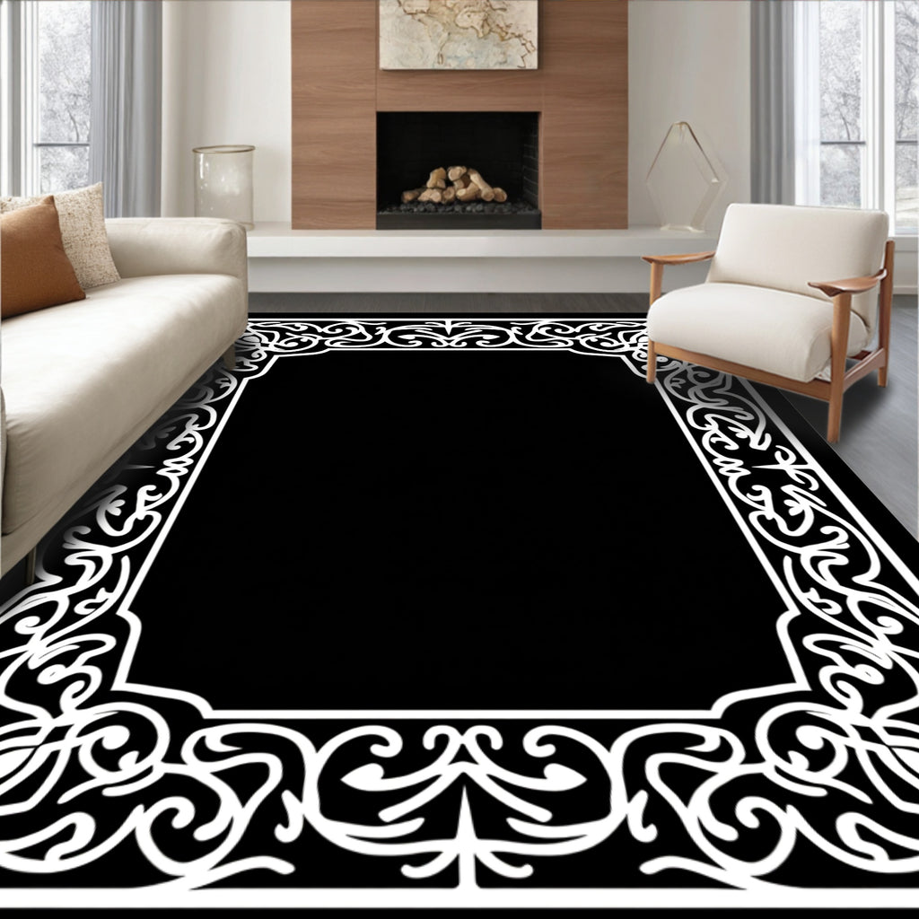 Intricate White Scroll Border Design Rug