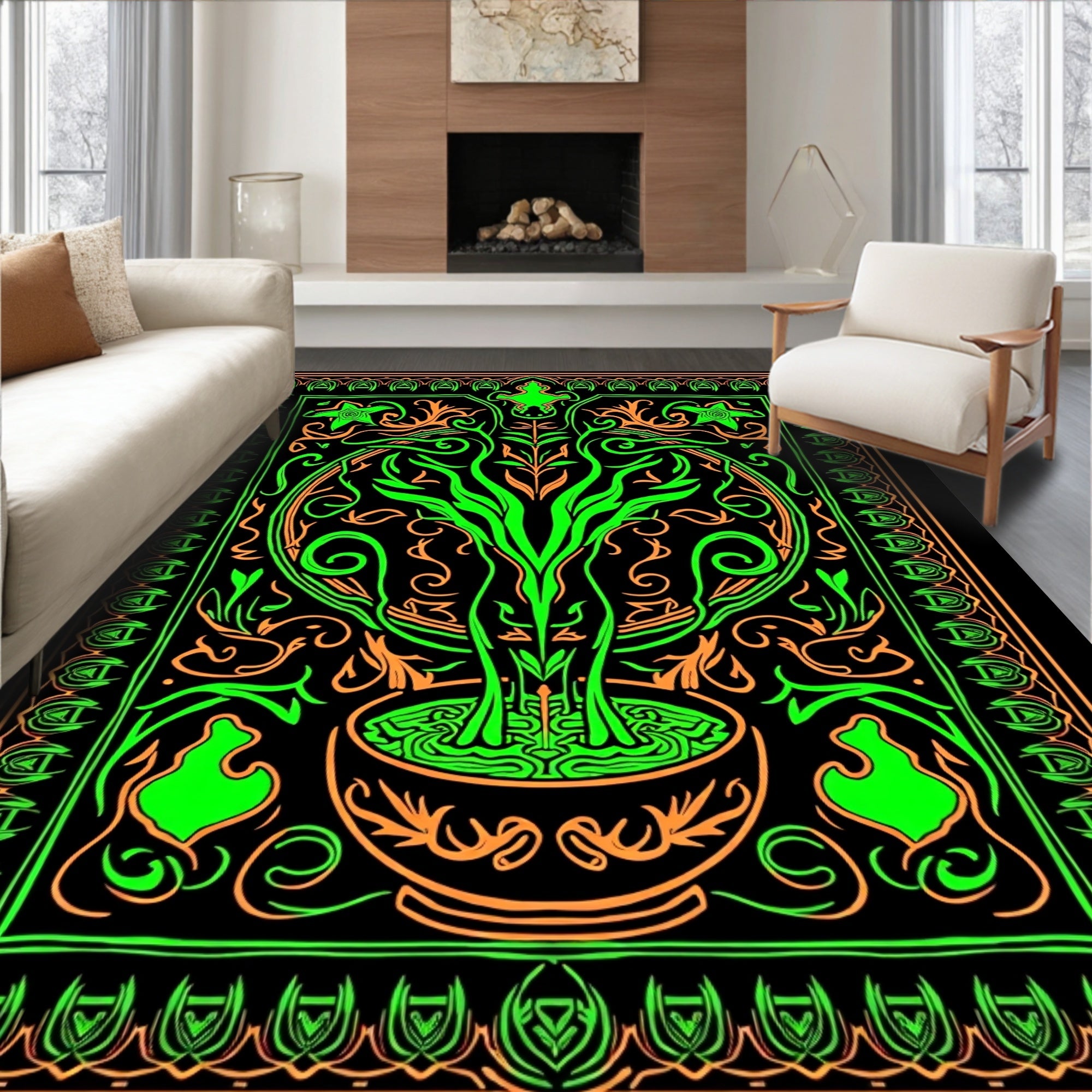 Neon Green Orange Floral Scroll Design Rug