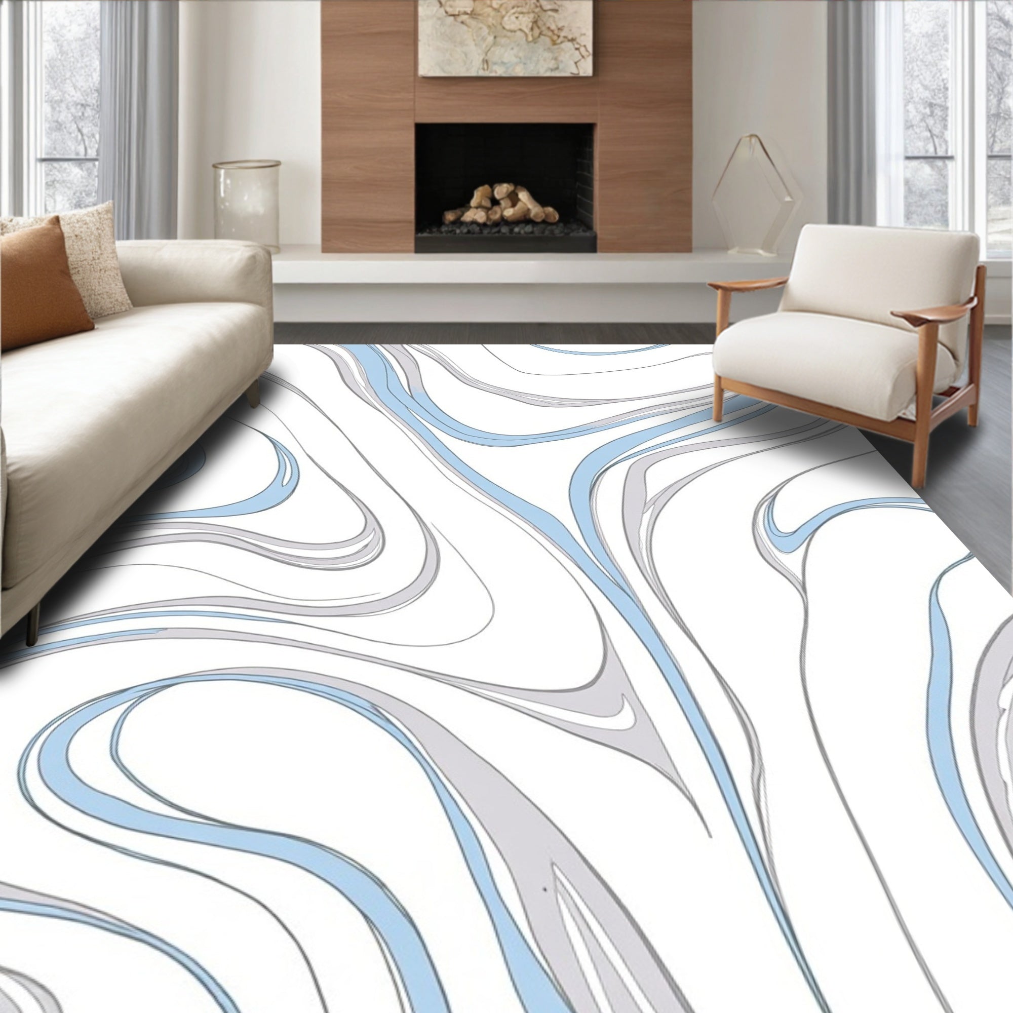 Abstract Swirl Blue Gray White Pattern Rug