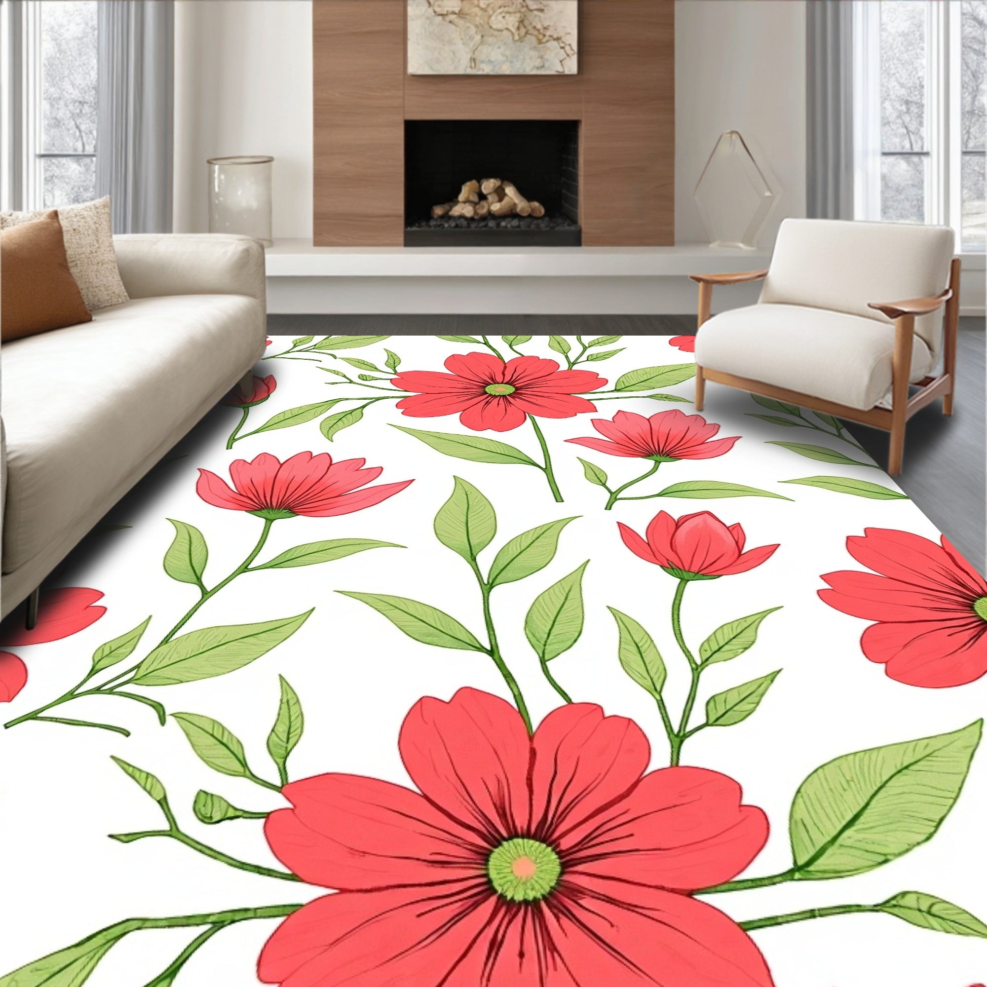 Coral Floral Botanical Pattern Rug