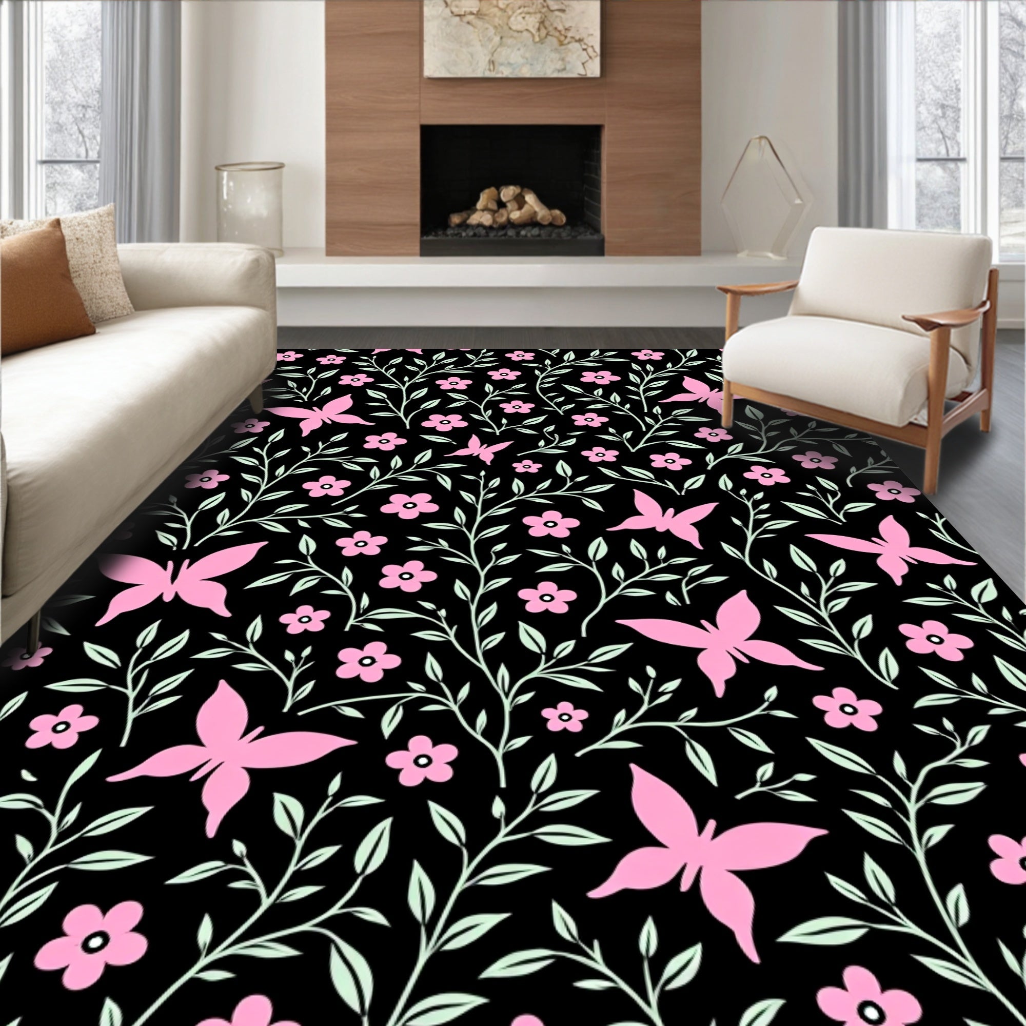 Pink Butterfly Floral Garden Design Rug