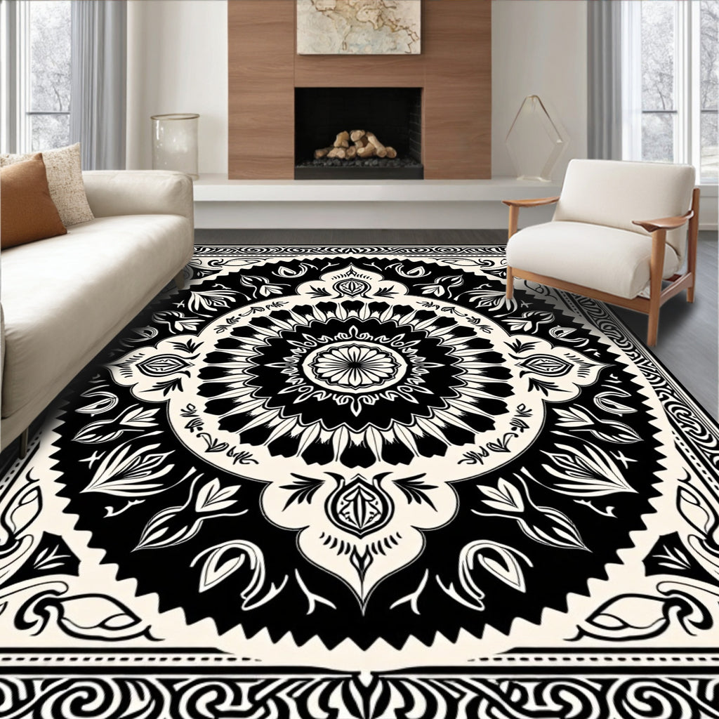 Black and Cream Intricate Floral Mandala Rug