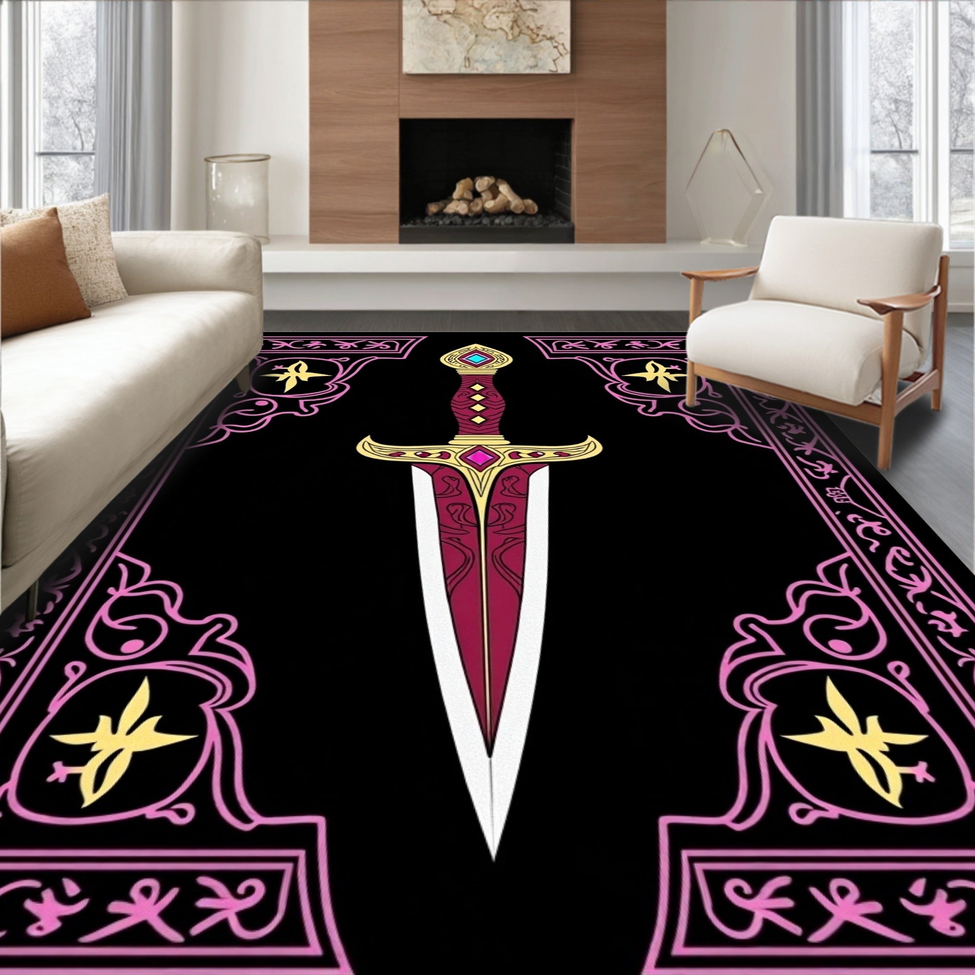 Gothic Sword With Pink Floral Border Rug