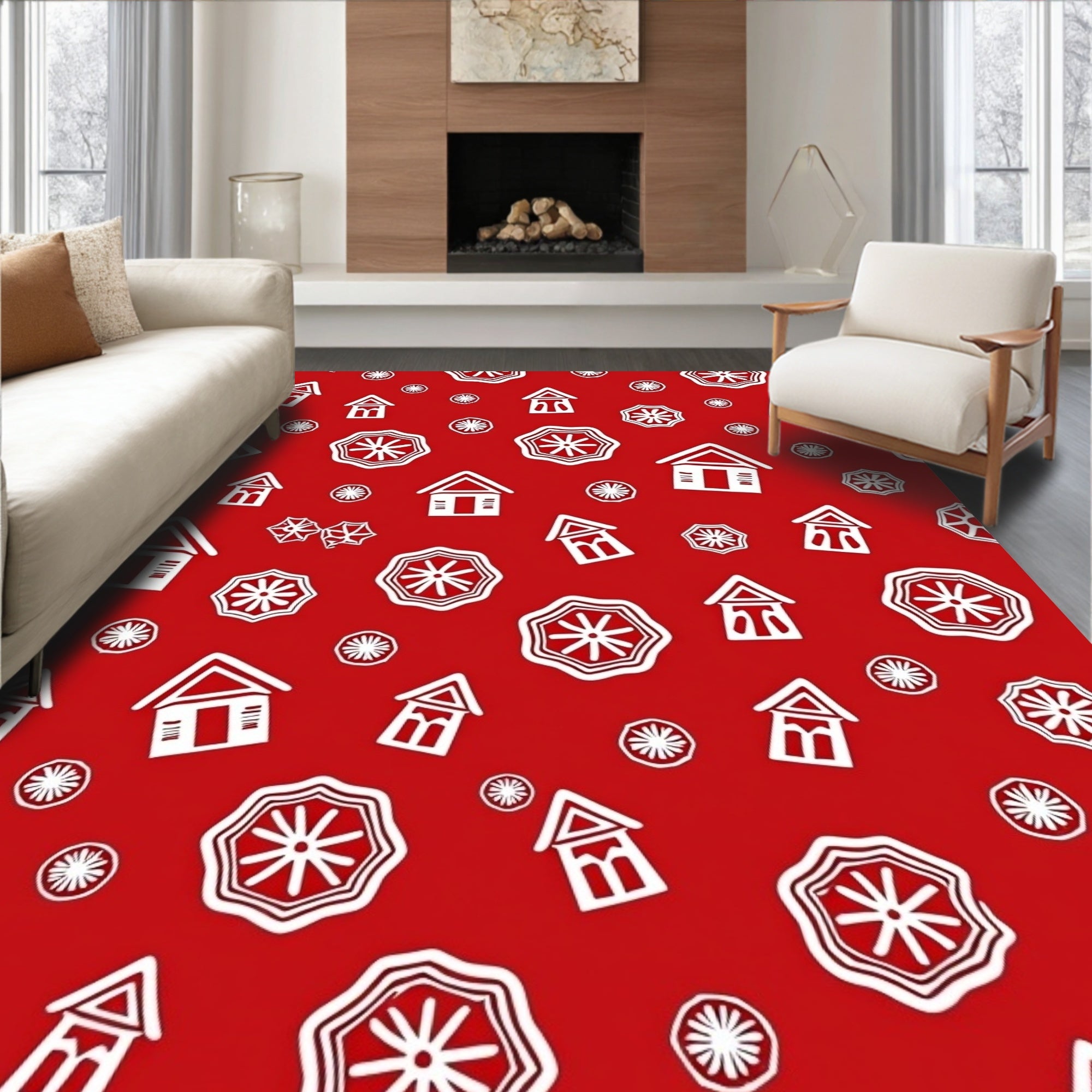 Red White Folk Art House Pattern Rug