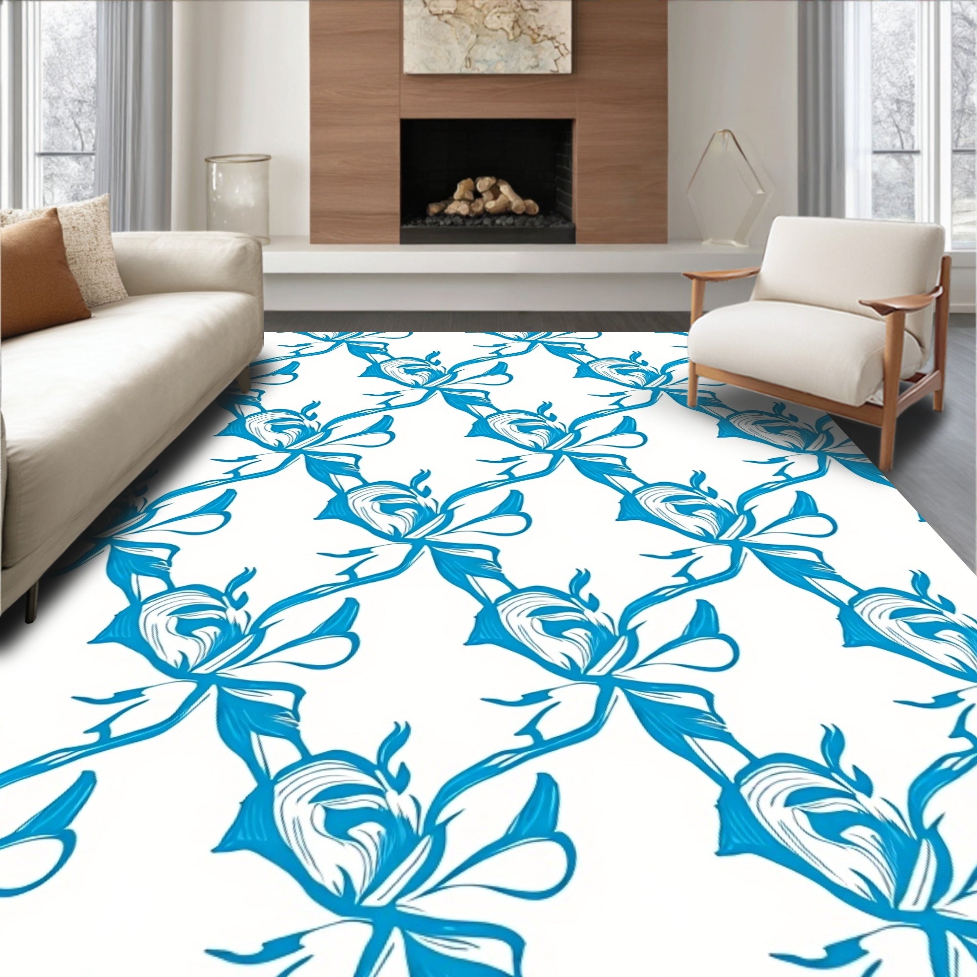 Dynamic Blue Abstract Floral Pattern Rug