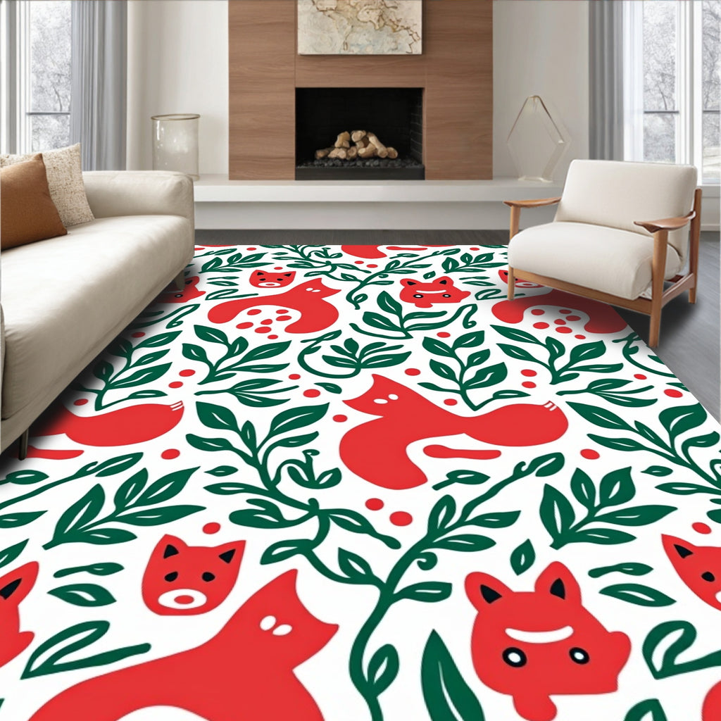 Playful Red Fox Leaves Pattern Rug