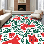 Playful Red Fox Leaves Pattern Rug