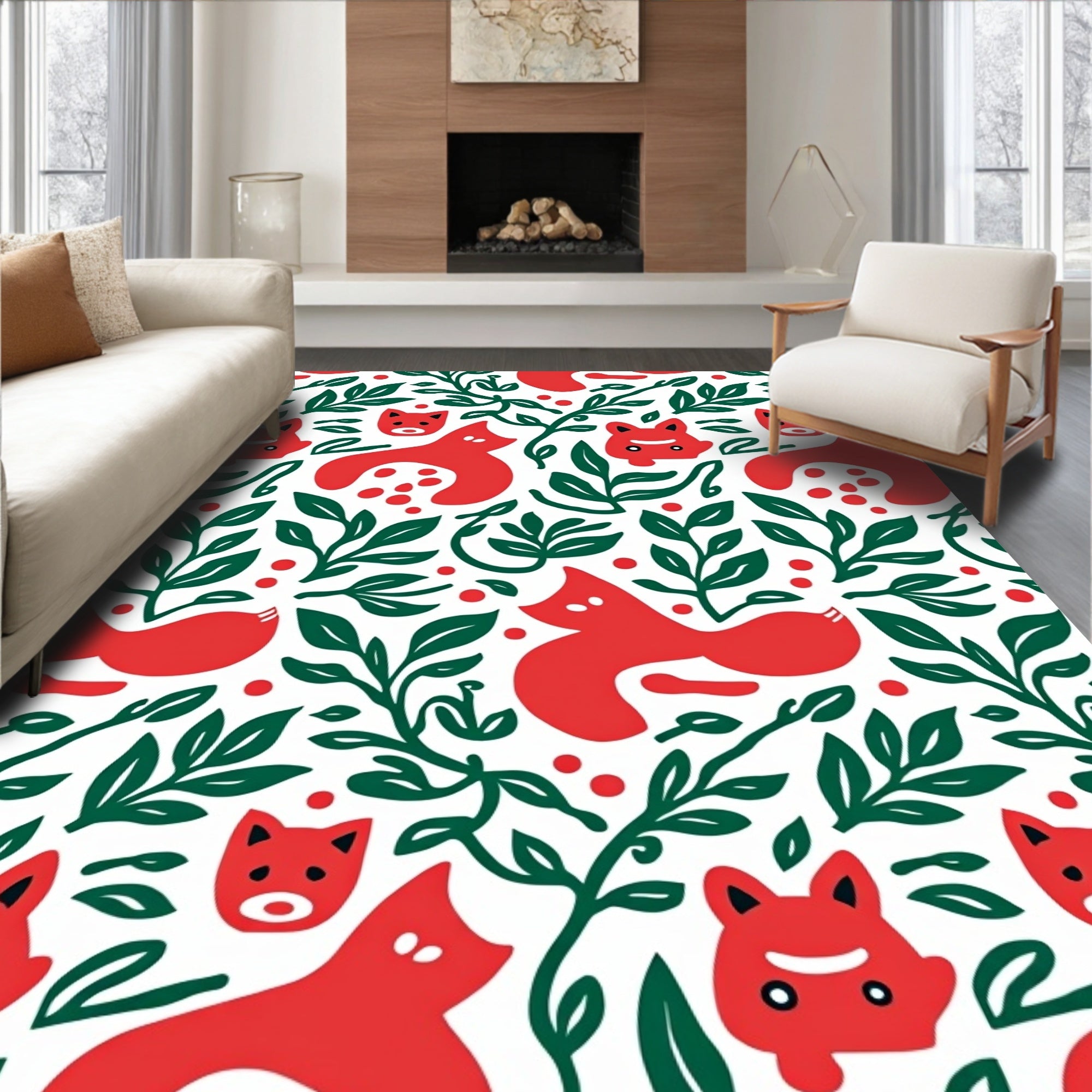 Playful Red Fox Leaves Pattern Rug