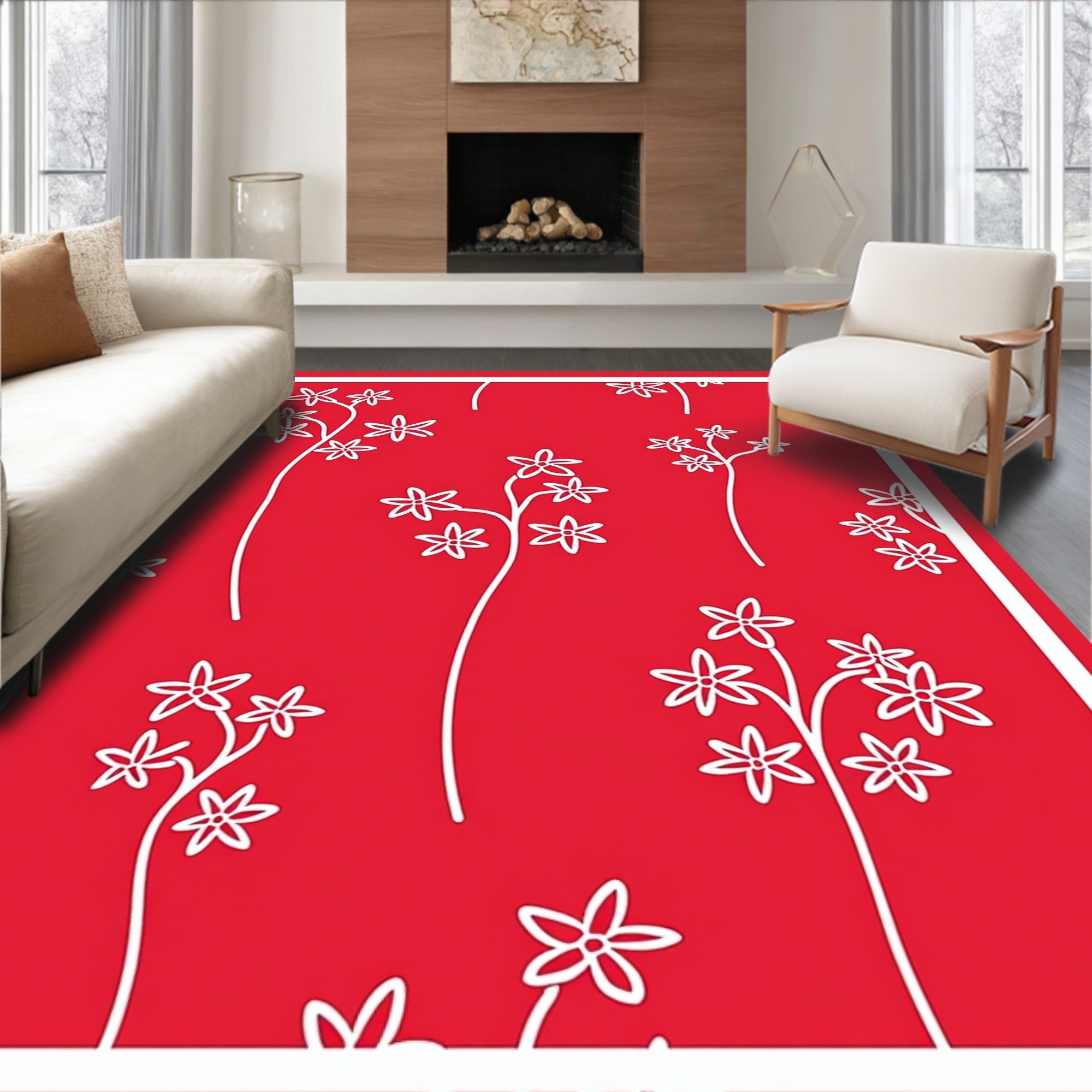 Red Floral Silhouette Pattern Rug