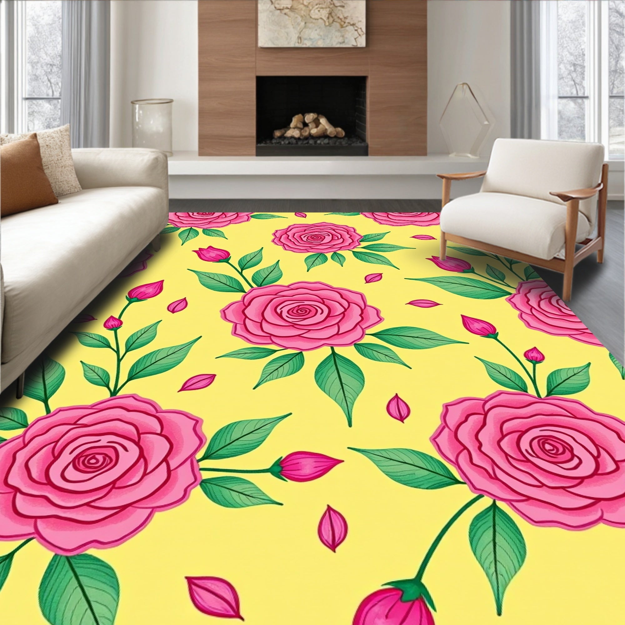 Bright Pink Roses Floral Pattern Rug