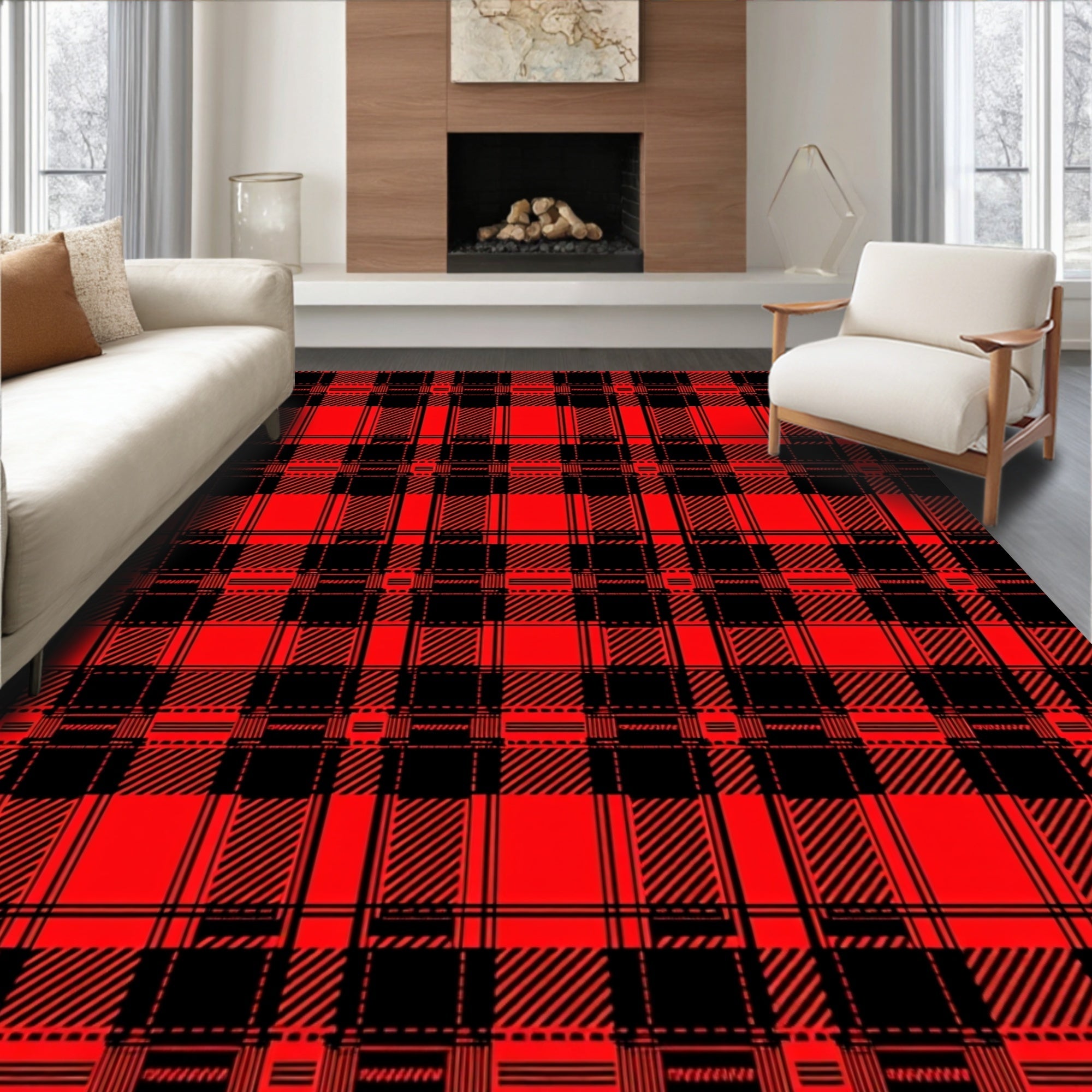 Bold Red Black Plaid Pattern Rug