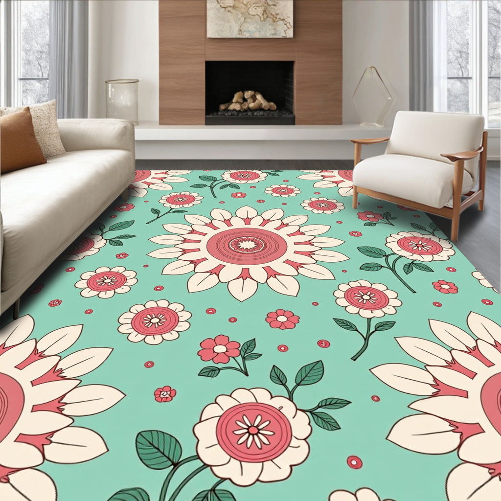 Retro Floral Patterns on Teal Background Rug