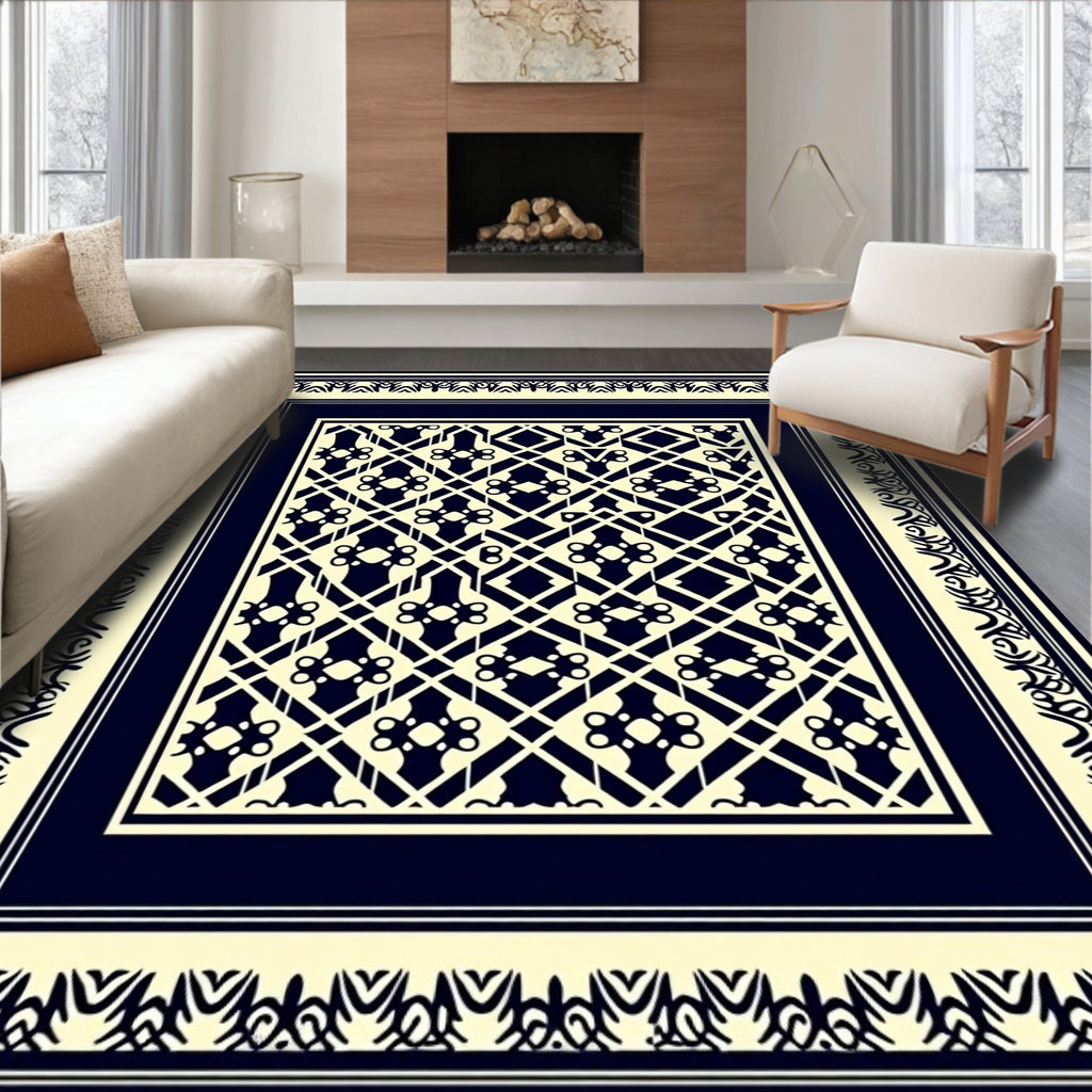 Intricate Geometric Bordered Cream Rug