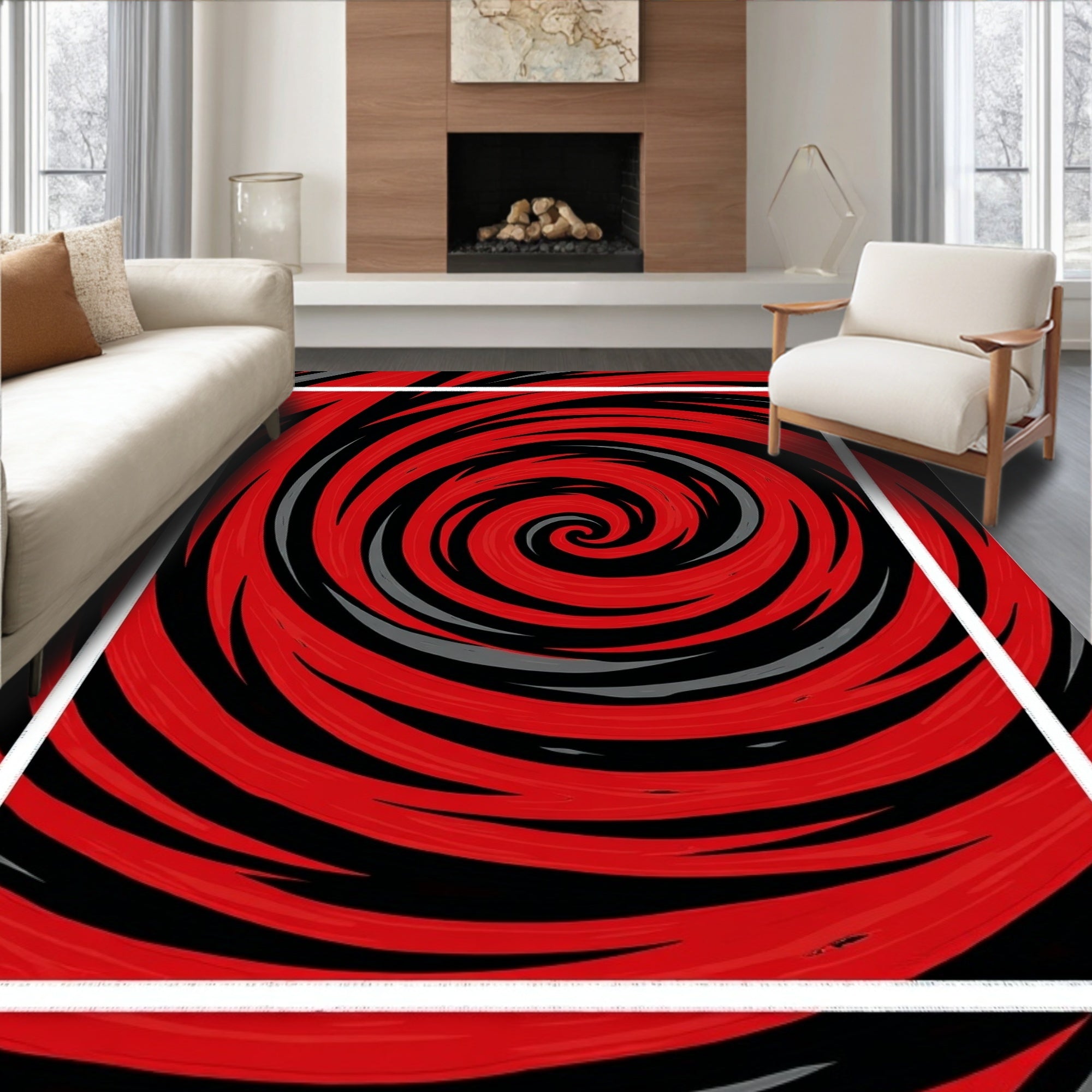 Bold Red Black Swirl Pattern Rug