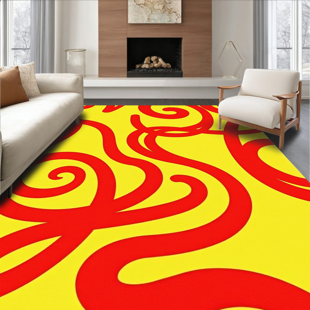 Bright Yellow Red Swirl Pattern Rug