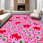 Playful Red Animal Floral Pattern Rug