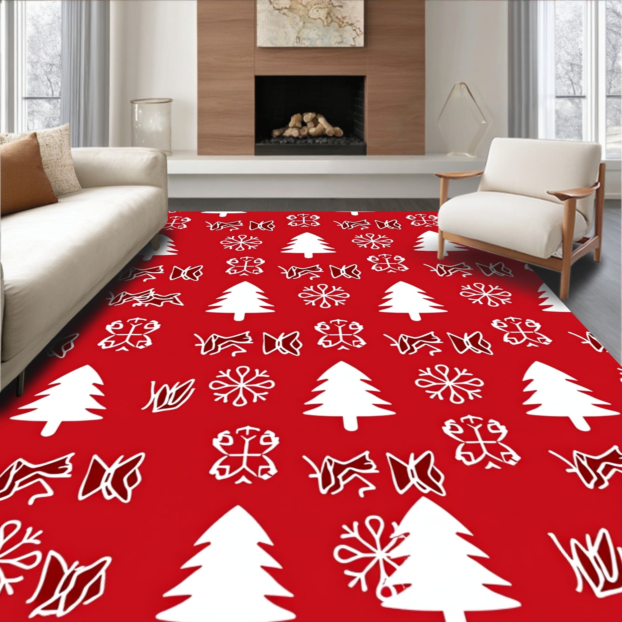 Festive Winter Tree Snowflake Pattern Rug