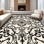 Black Cream Ornamental Scrollwork Rug