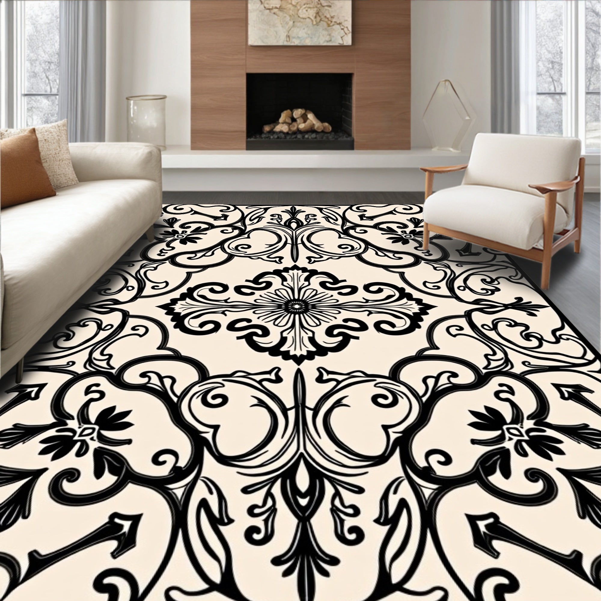 Black Cream Ornamental Scrollwork Rug