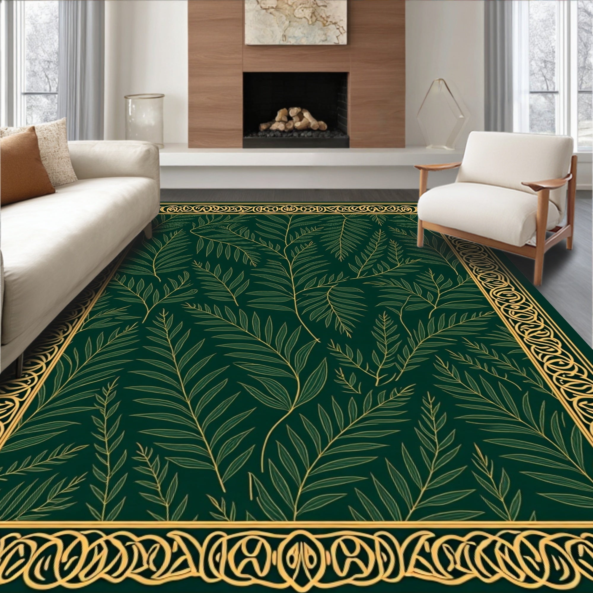 Green Gold Leaf Pattern Border Rug