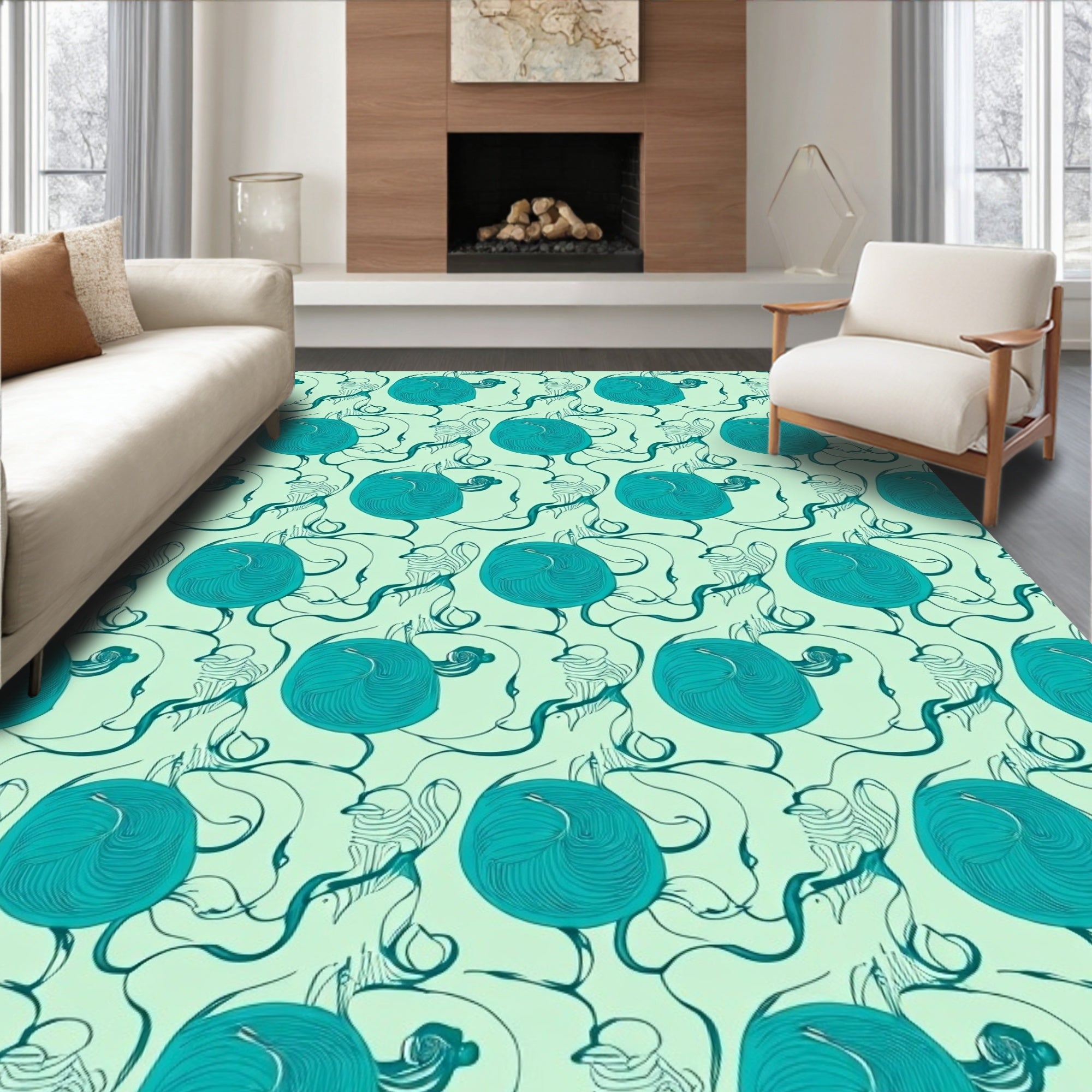 Teal Organic Flowing Lines Design Rug