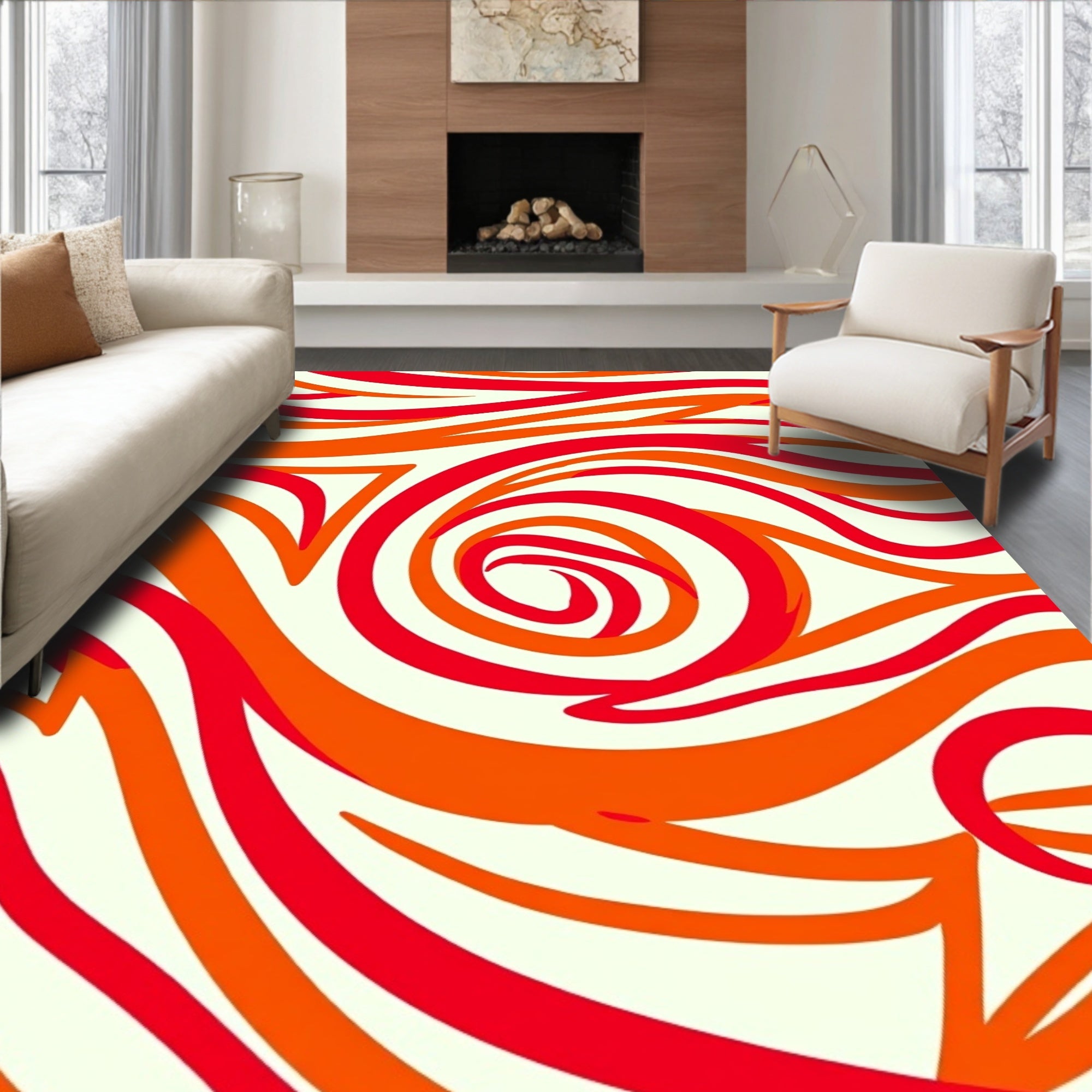 Dynamic Red Orange Swirl Pattern Rug
