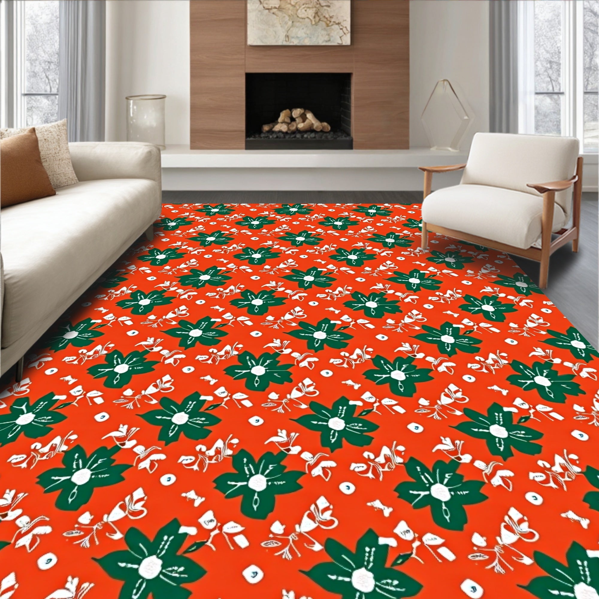 Orange Green Floral Pattern Rug