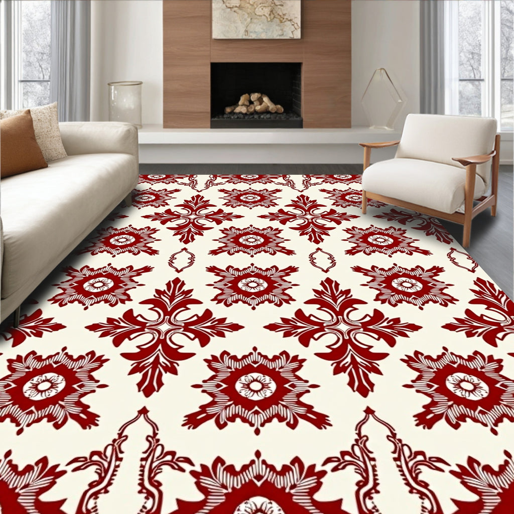 Rich Red Floral Damask Pattern Rug
