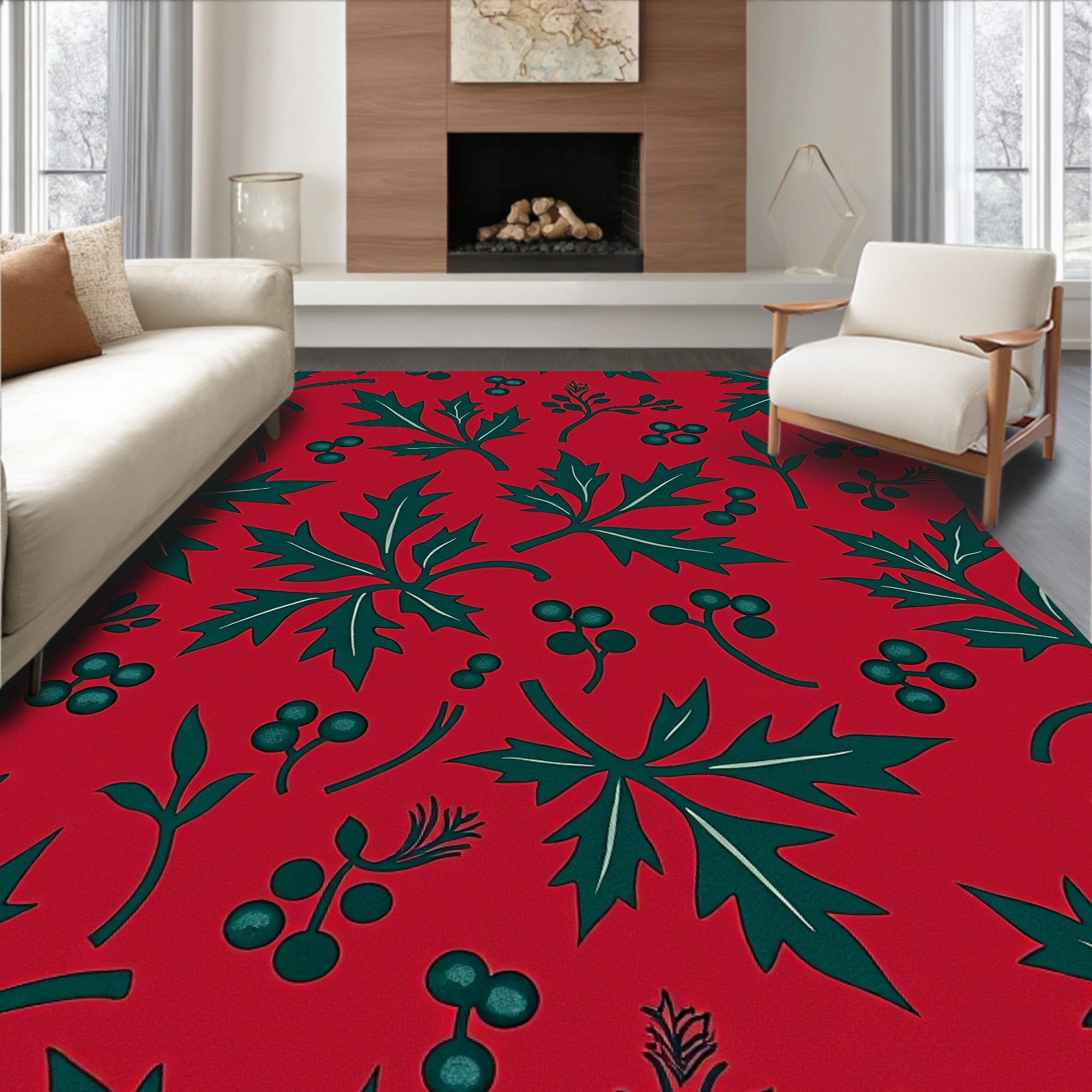 Festive Leaf and Berry Pattern Rug