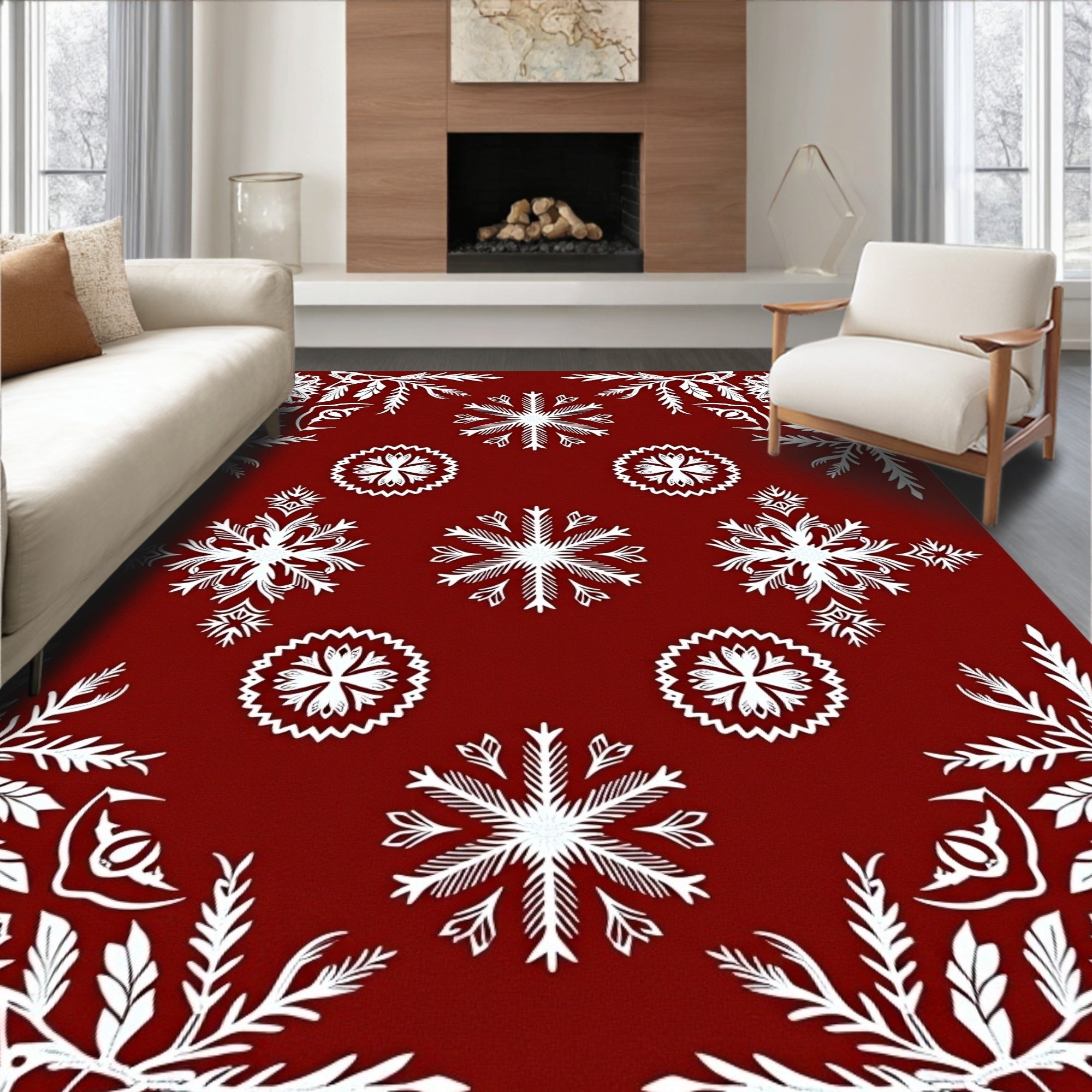 White Snowflake Patterned Red Rug