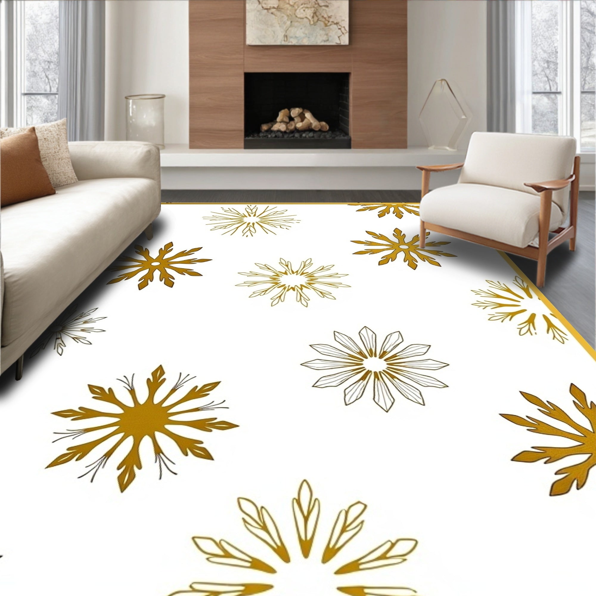 Golden Snowflake Patterned Glamour Rug