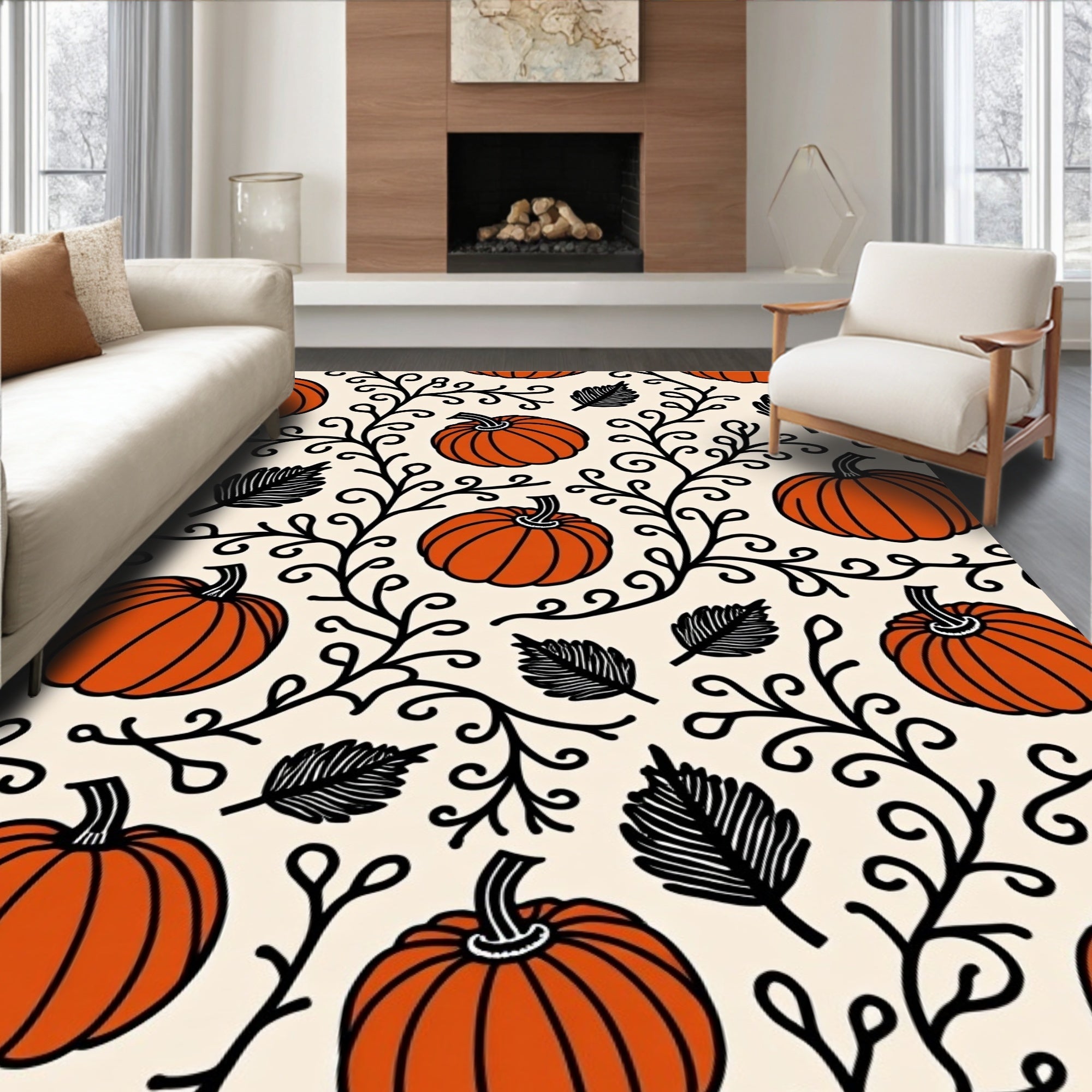Orange Pumpkin Vine Pattern Rug