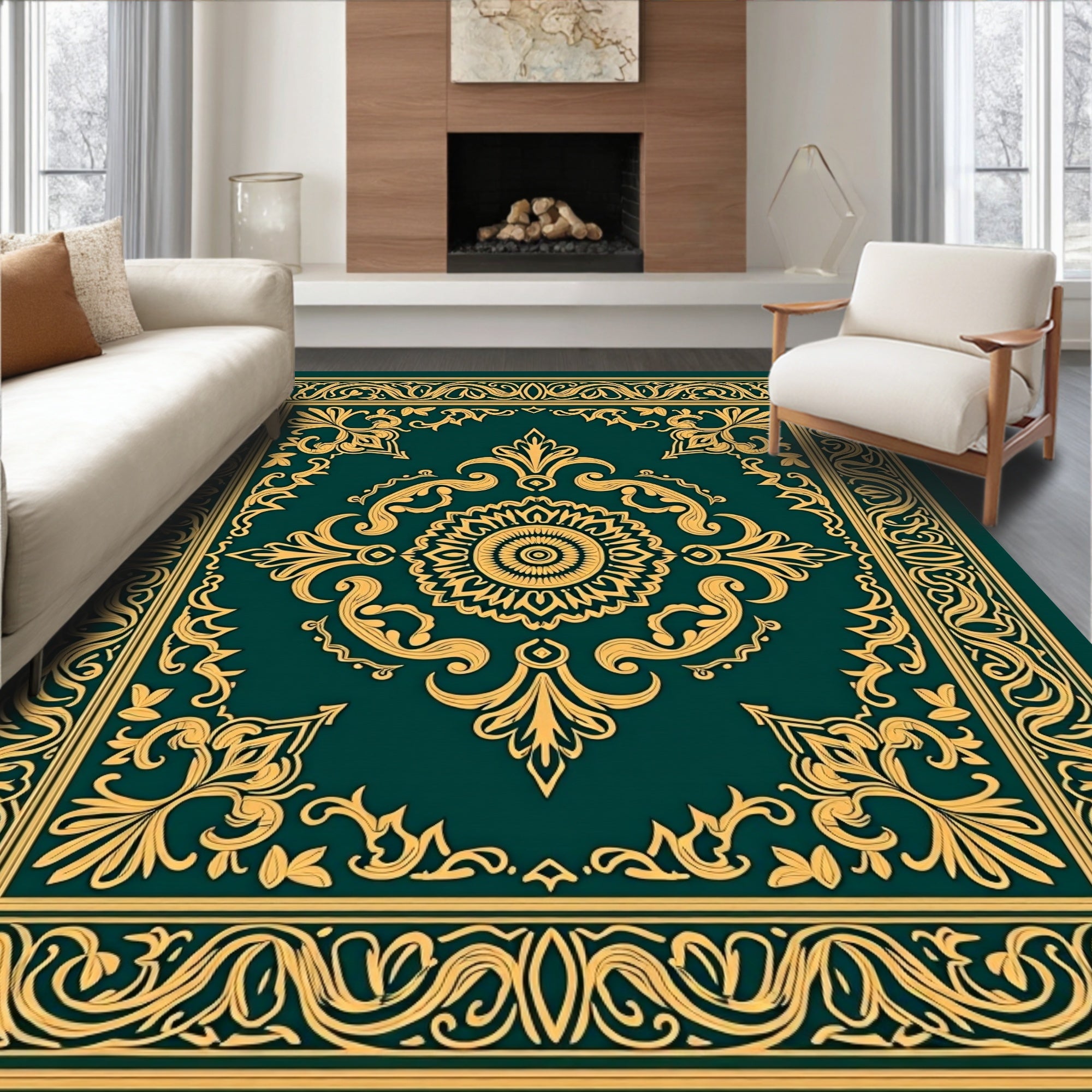 Emerald Green Golden Medallion Scroll Rug