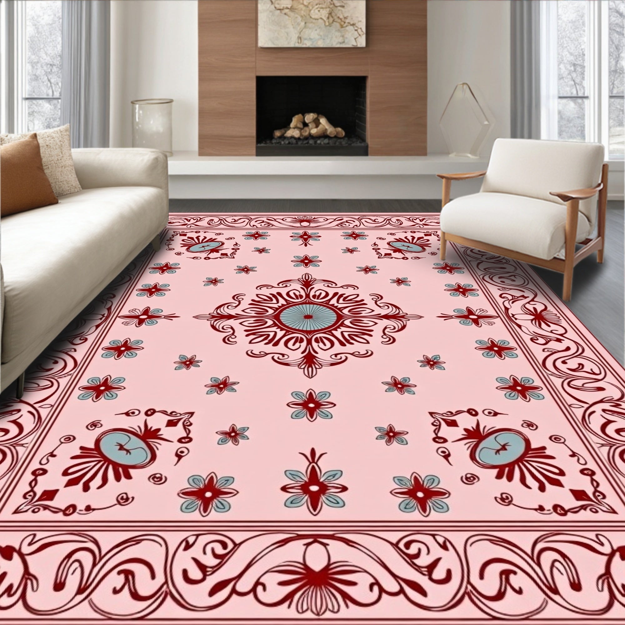 Ornate Floral Swirl Border Design Rug