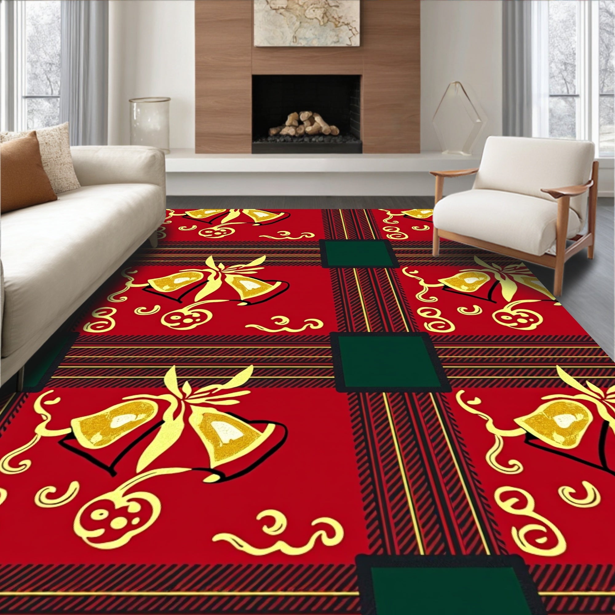 Holiday Bell Patterned Plaid Rug