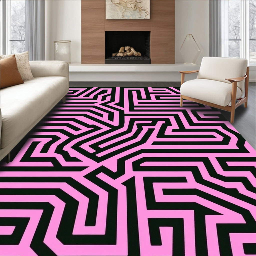 Bold Pink and Black Geometric Maze Rug