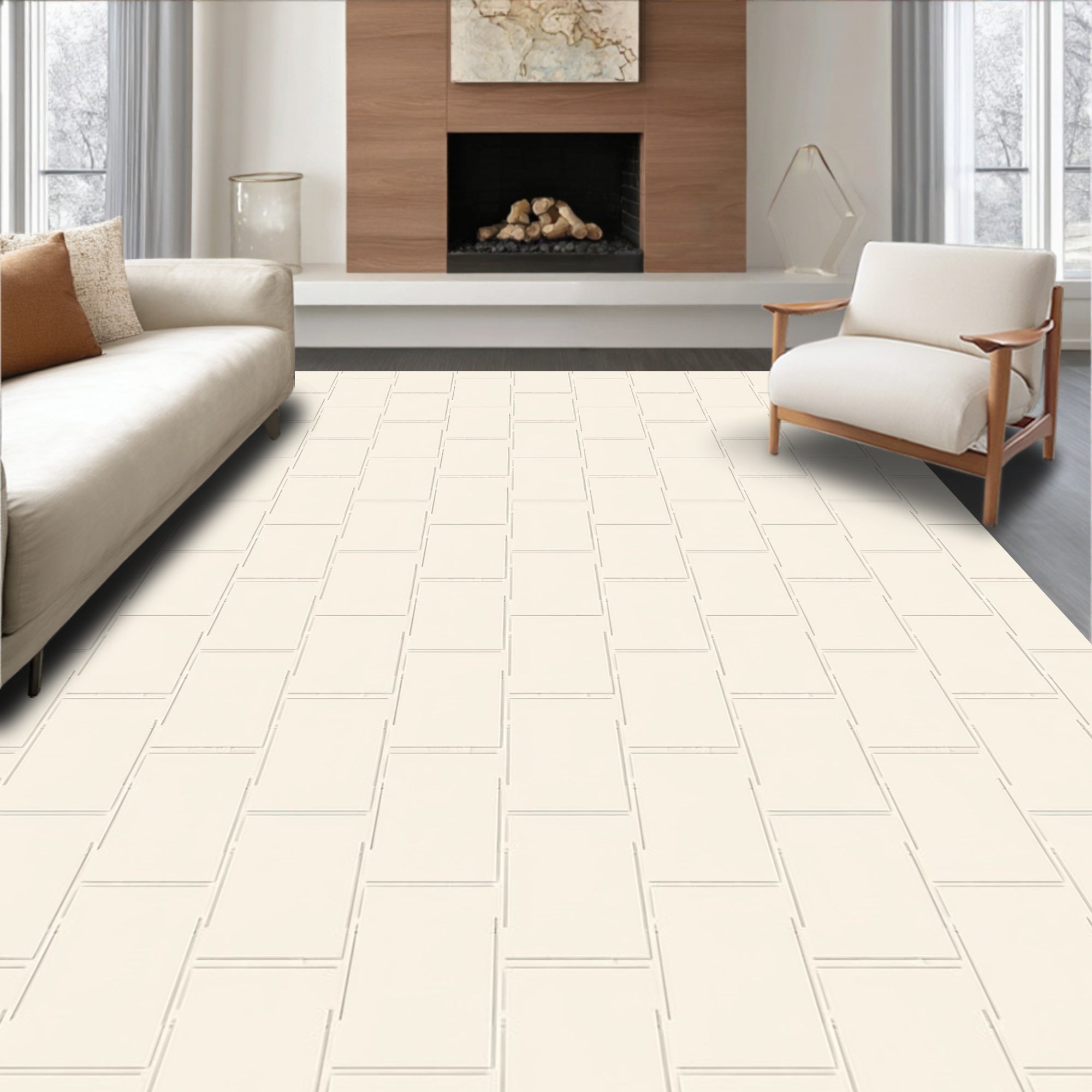 Minimalist Cream Interlocking Squares Pattern Rug