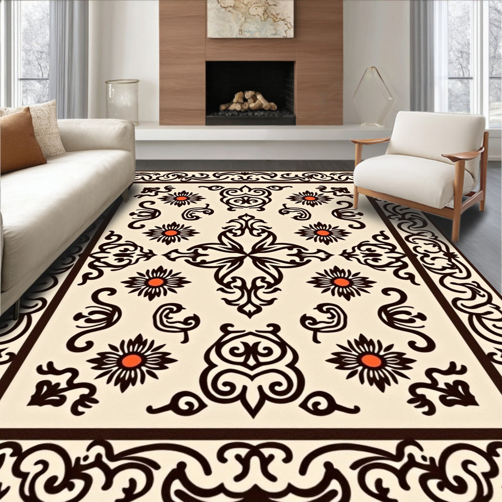 Ornate Floral Pattern Cream Brown Rug