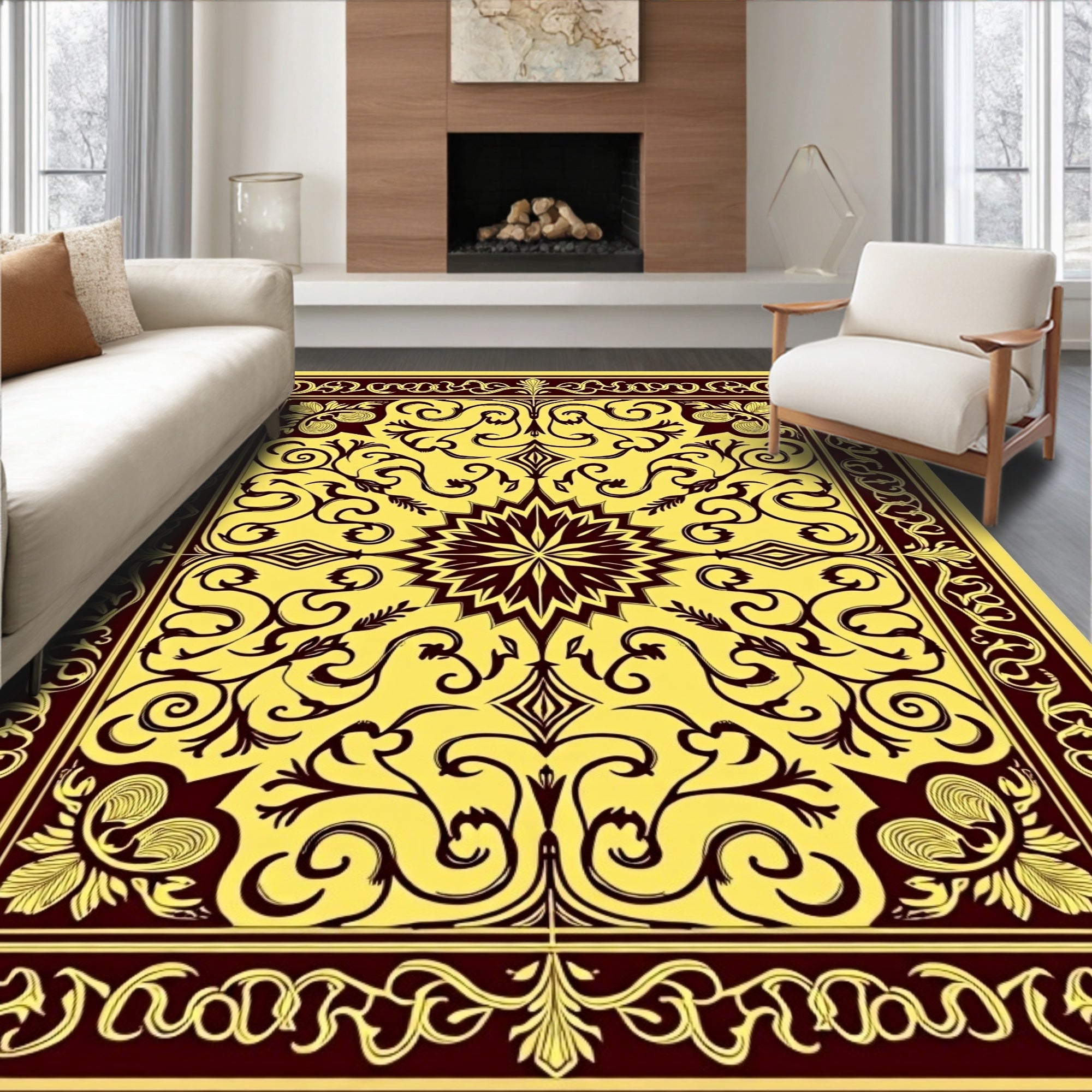 Elegant Yellow Floral Scroll Rug