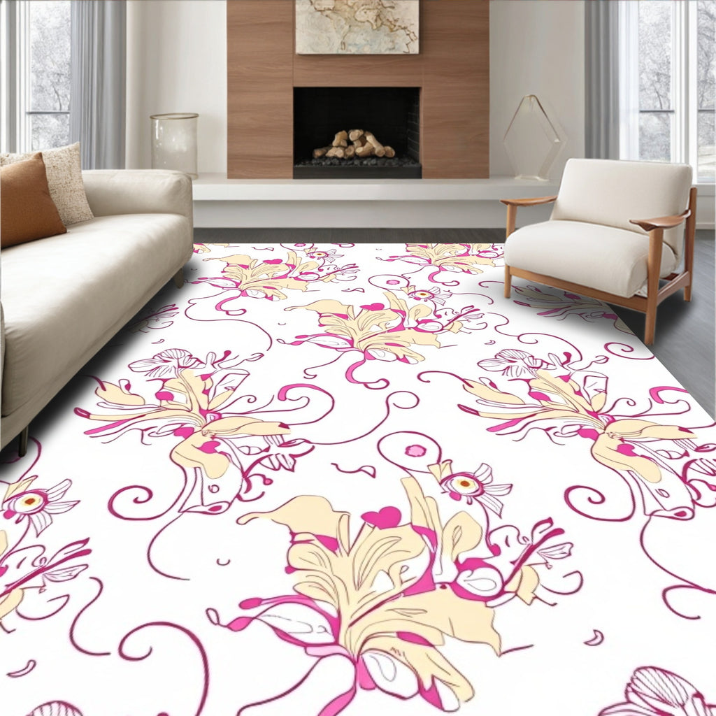 Pink Cream Floral Swirl Design Rug