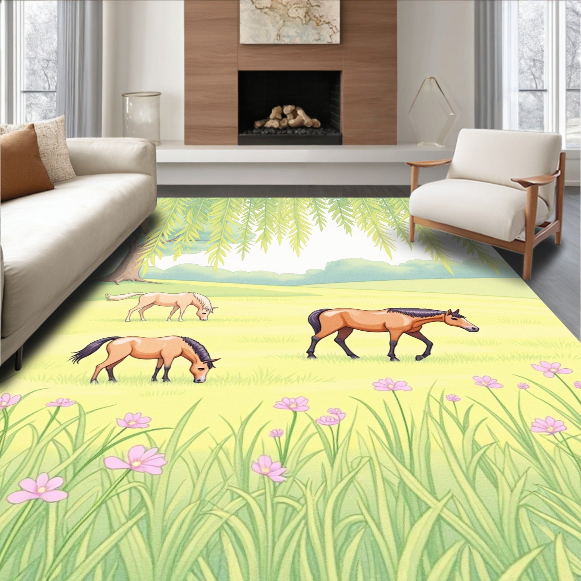 Pastoral Scene 3 Horses Willow Tree Rug