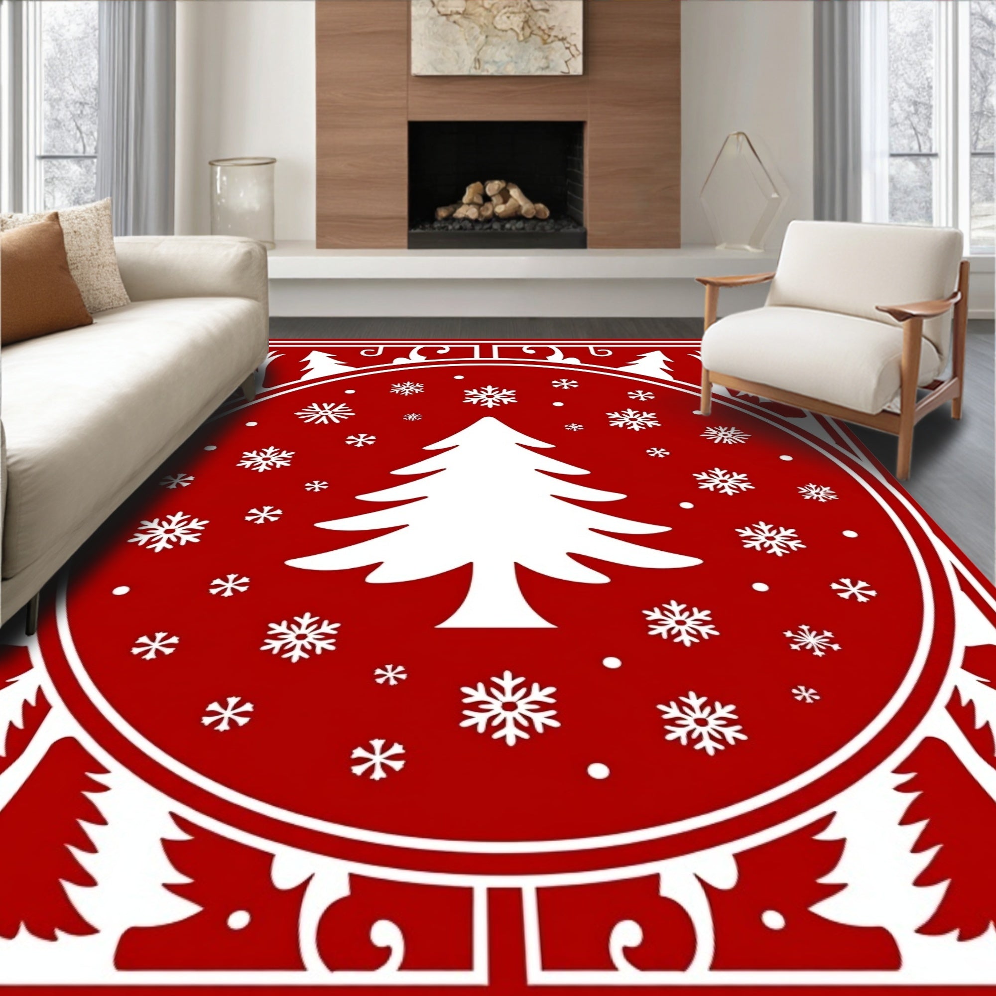Red White Pinecone Snowflake Border Design Rug
