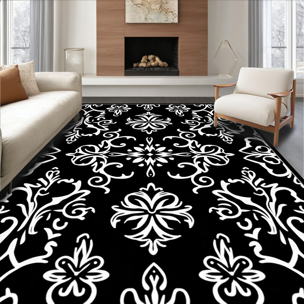 Classic Black White Damask Pattern Rug
