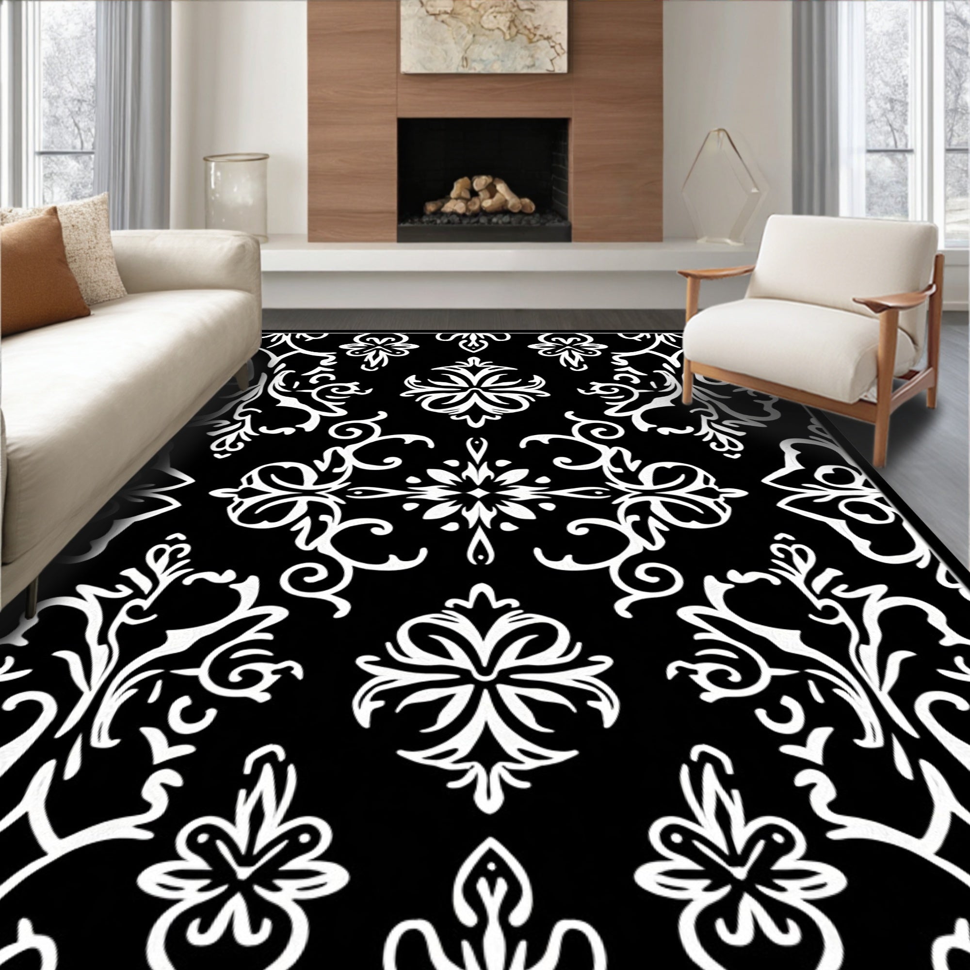 Classic Black White Damask Pattern Rug