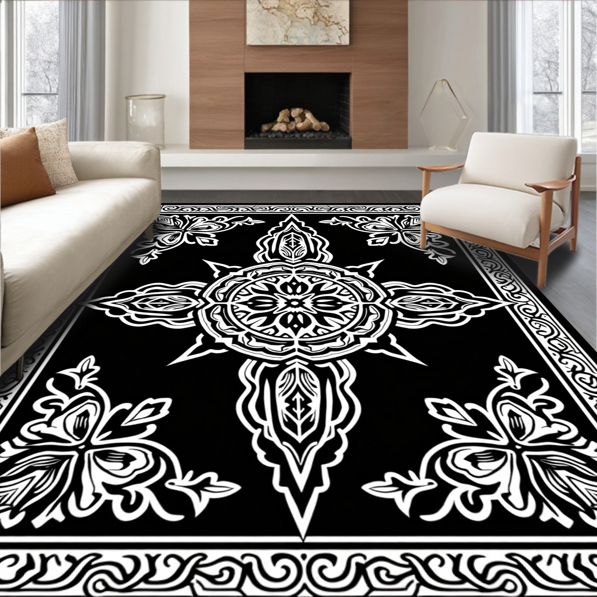 Symmetrical Floral Medallion Monochrome Design Rug