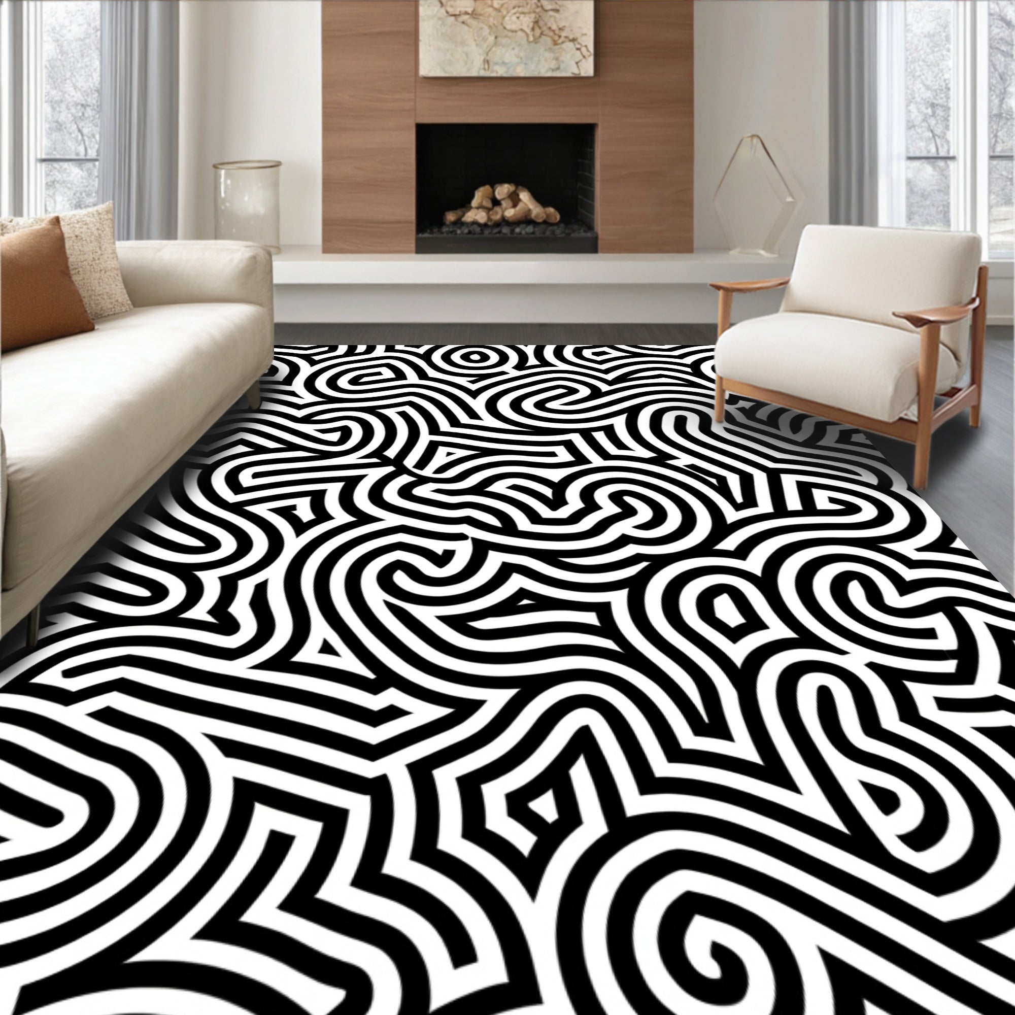 Abstract Black White Maze Pattern Rug