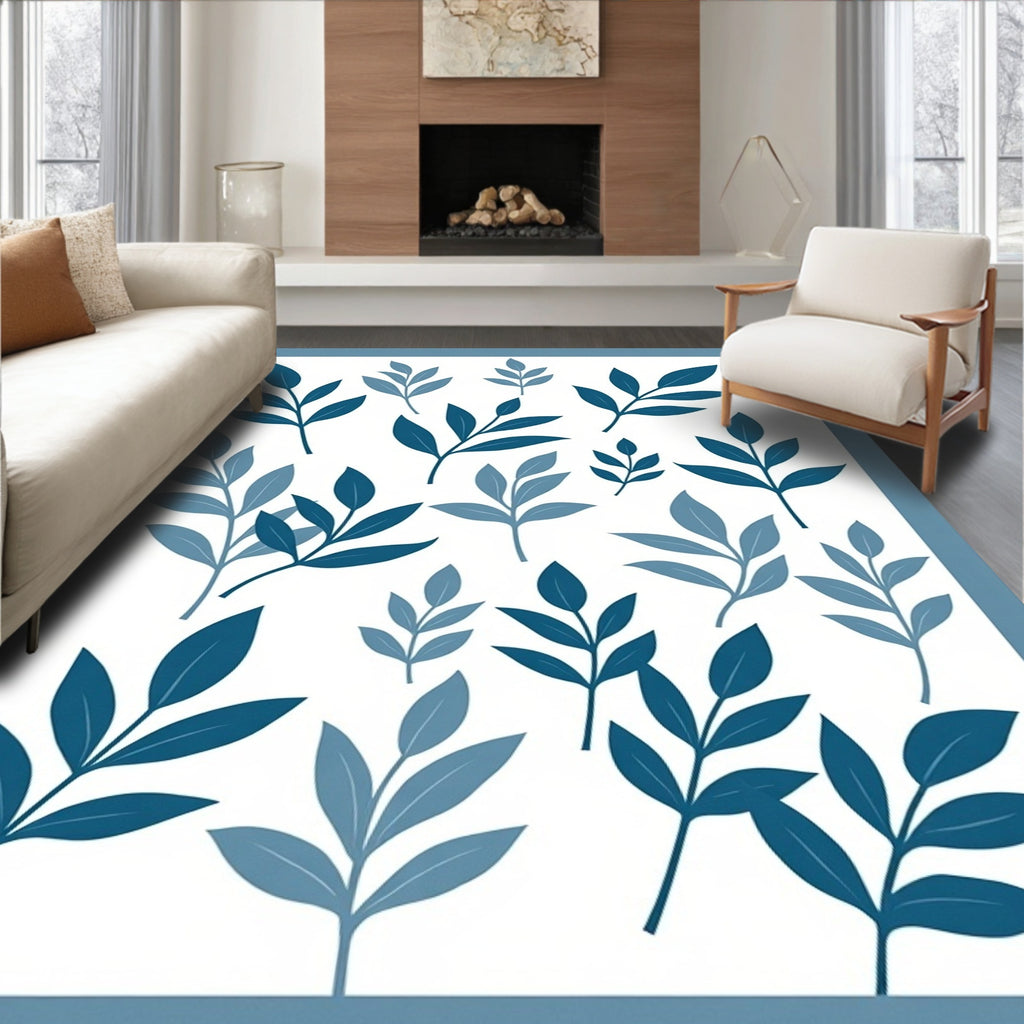 Blue Leaf Branch Pattern Area Rug