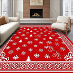 Red White Snowflake Christmas Tree Border Rug