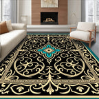 Ornate Black Gold Floral Scrollwork Rug