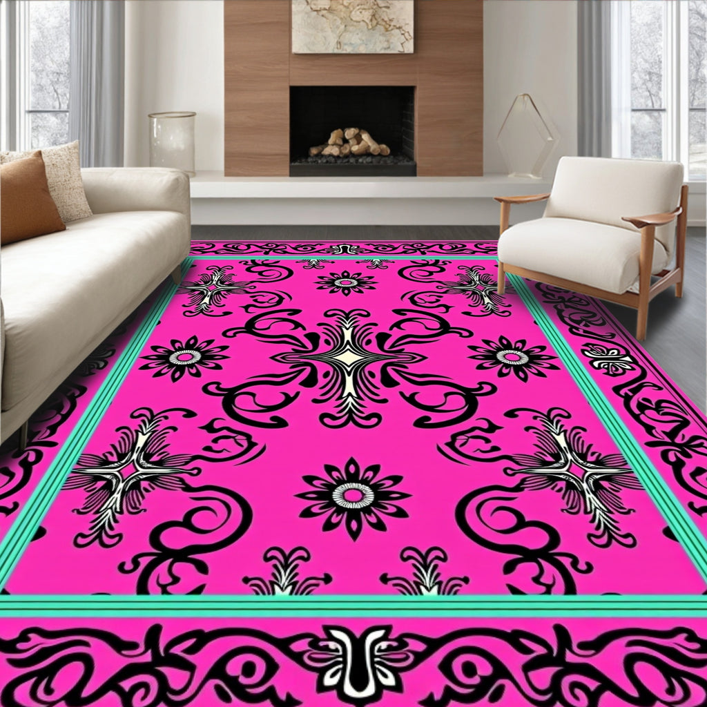Vibrant Fuchsia Baroque Floral Design Rug